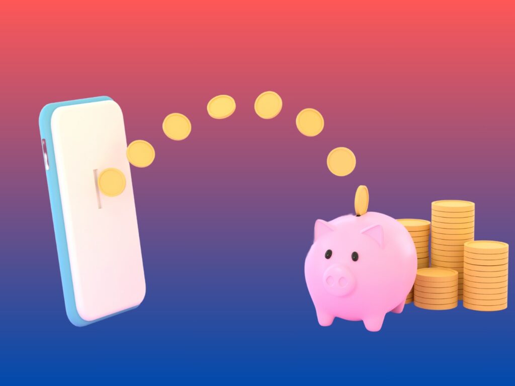 A smartphone on the left with coins emerging from it traveling towards a pink piggy bank on the right